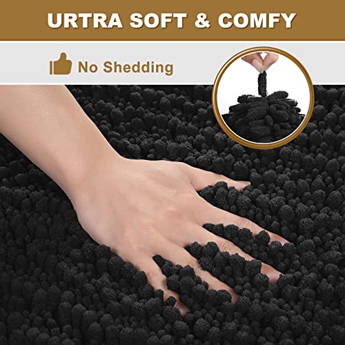 Absorbent Washable Soft Bathroom Rug: 44" X 24" Non-Slip Plush Bath Mat Chenille Bathroom Carpet Rugs - Black #TOP5
