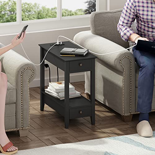 Treocho Side Table With Charging Station, Narrow End Table With Storage, 2-Drawer Nightstand With Usb Ports & Power Outlet, Black Sofa Bedside Table For Small Spaces, Living Room, Bedroom #TOP1