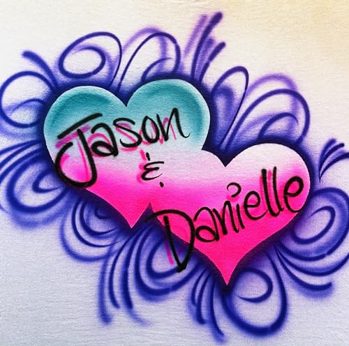 Double Hearts Airbrush T Shirt, Couples Design, Pink and Turquoise with Purple Swirls3