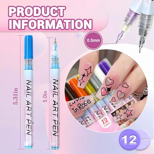 Image of Nail Art Pens Set, 12 Color 0.5 MM Nail Art Markers Nail Polish Pens Drawing Painting Point Liner Painted Kit, Waterproof and Quick-drying Nail for DIY Design Manicure Tools