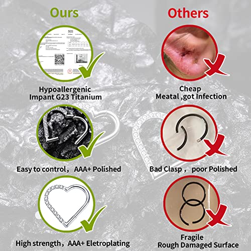 Vojo 2 Pcs G23 Titanium Heart Daith Piercing Jewelry Rook Hoop Tragus Clicker Ring Cartilage Helix Earring For Ear 16G (8Mm+10Mm, Heart Silver) #TOP4