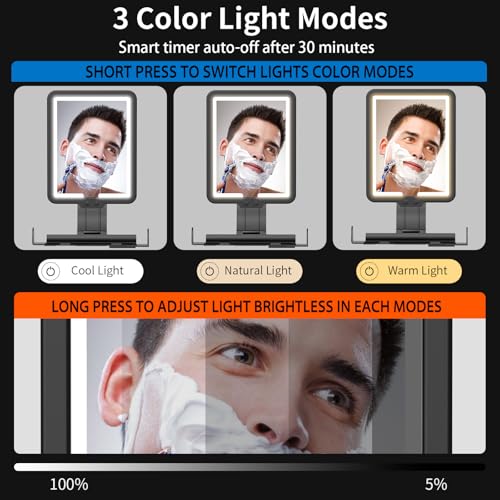 Shower Mirror Fogless for Shaving,Quick Anti Fog Mirror for Shower with Light, 3-Color Led Light Bathroom Mirror with Strong Adhesive Backing, Dimmable Brightness Makeup Mirrors for Wall by saiggnyy - Used condition - Image 5