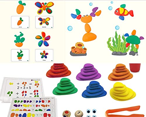 Rainbow Stacking Stones & Activity Cards Set - 70PCS Rainbow Mathing Game Stacking Rocks – Early Math Manipulative for Children –Pre-School Learning at School and Home-Toy for Early Math