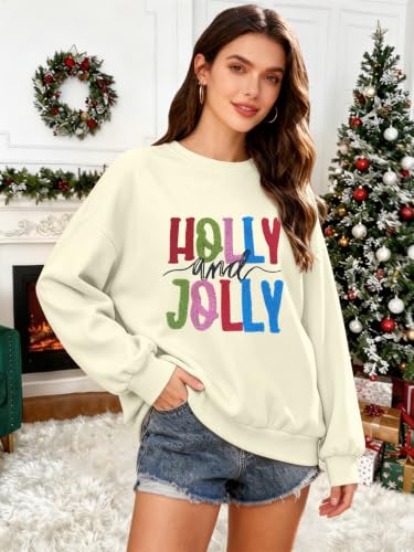 Christmas Sweatshirts for Women Holly and Jolly Embroidered Pullover Tops - image 4