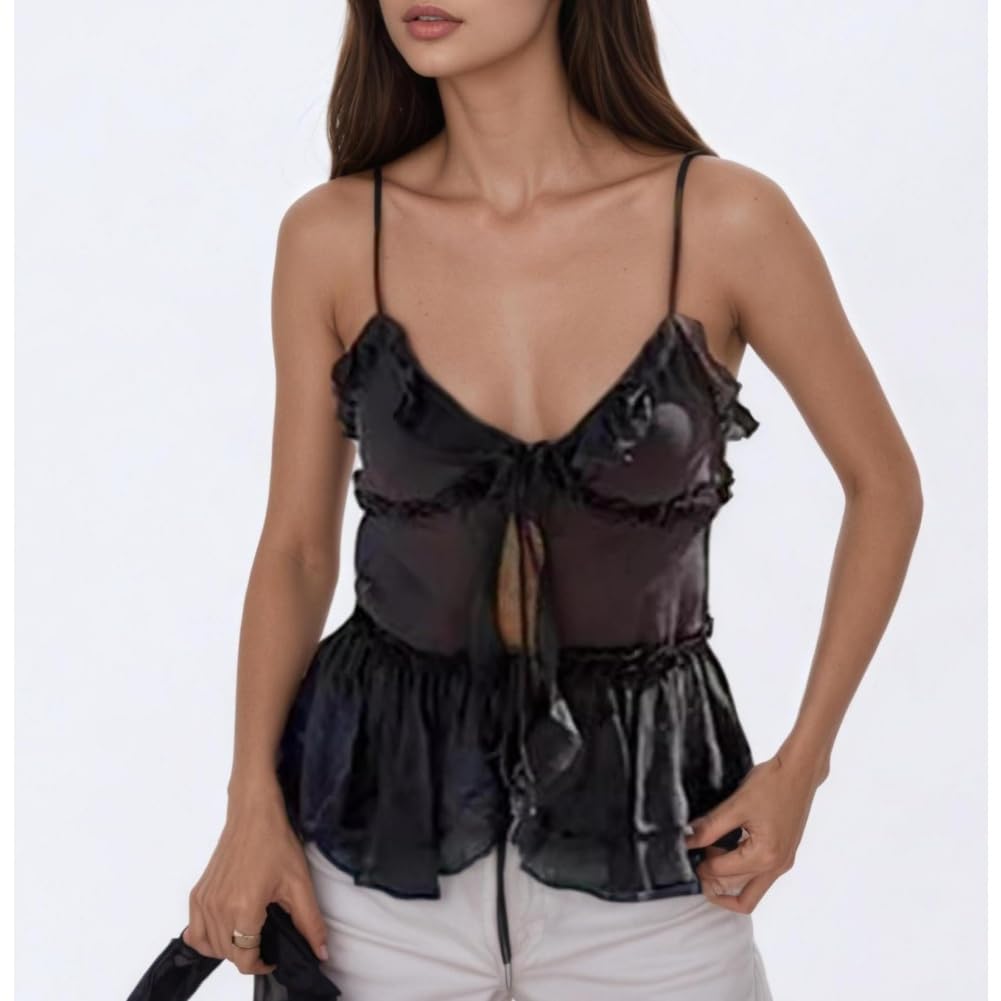 Generisch Top de verano con volantes y malla sin mangas para atar, Y2K camisola sexy de malla transparente con dobladillo con volantes