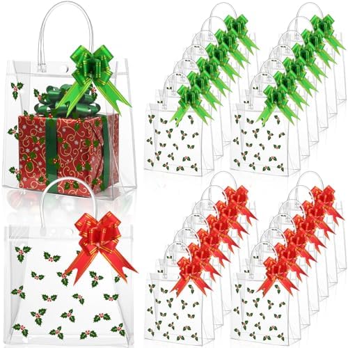 Sweetude 24 Pack Berry Leaves Christmas Clear Gift Bags with Hand...