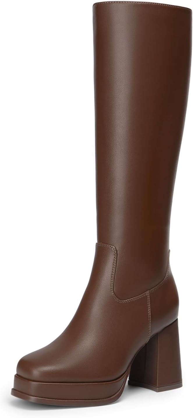 Athlefit Women's Platform Knee High Boots Square Toe Chunky Heel with Side Zipper Dress Casual Office Fall Boots