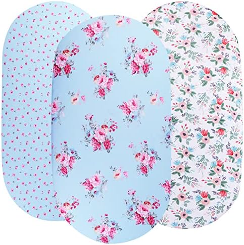 Floral Bassinet Sheet Set 3 Pack Jersey Knit Ultra Soft Stretchy Compatible with Halo,Graco,Dream On Me,MiClassic,Chicco Lullago,Delta,4Moms,Mika Micky Mattress and More for Baby Girl Boy Blue