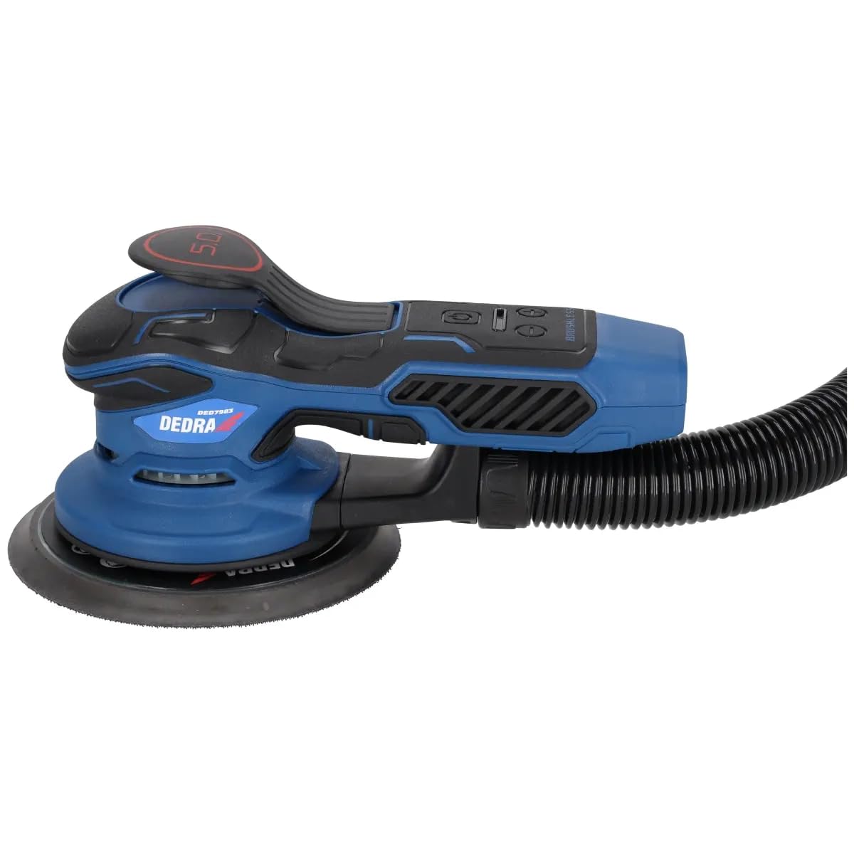 DEDRA Exzenterschleifer mit austauschbaren Auflagen ⌀125 - ⌀150mm, hohe Leistung 350W, 4000-10.000 U/min, langes 4m kabel, gewicht nur 1,4, mit Schleifpapier-Set, 230V~50Hz, Staubsammelanlage