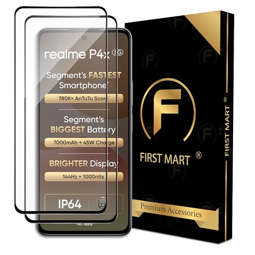 Image of FIRST MART Military Grade Gorilla Tempered Glass For Realme P4x (6.72 Inch) With Edge To Edge Screen Coverage and Easy Installation Kit | Black, Pack of 2