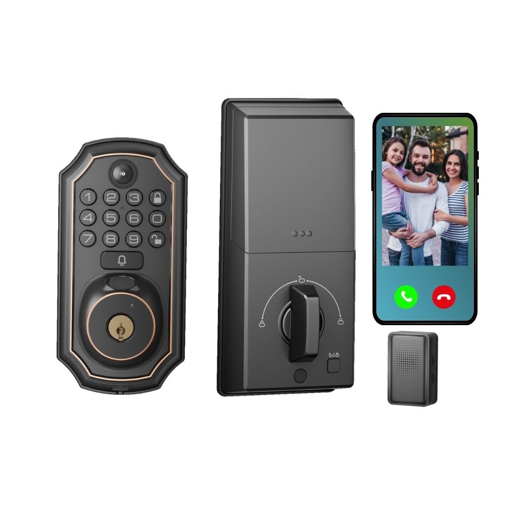 Keyless Video Door Bell Door Lock Deadbolt with Handle, Wi-Fi, Fingerprint Unlock, Keypad with 2 Keys, Auto-Lock, One-Time Code - for Homes and Rentals