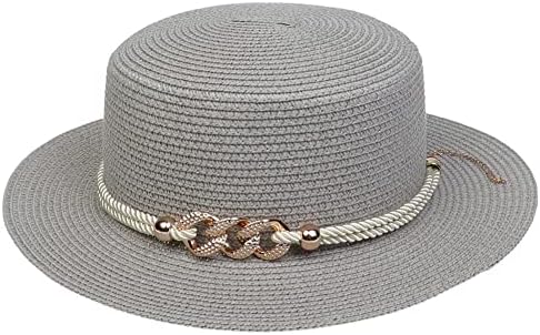 Women Lady Straw Fedora Hat Elegant Wide Brim Sun Hat Sun Protection Caps Vintage Chic Rhinestone Metal Chain Bucket Hat Grey
