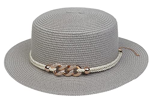 Women Lady Straw Fedora Hat Elegant Wide Brim Sun Hat Sun Protection Caps Vintage Chic Rhinestone Metal Chain Bucket Hat Grey #TOP17