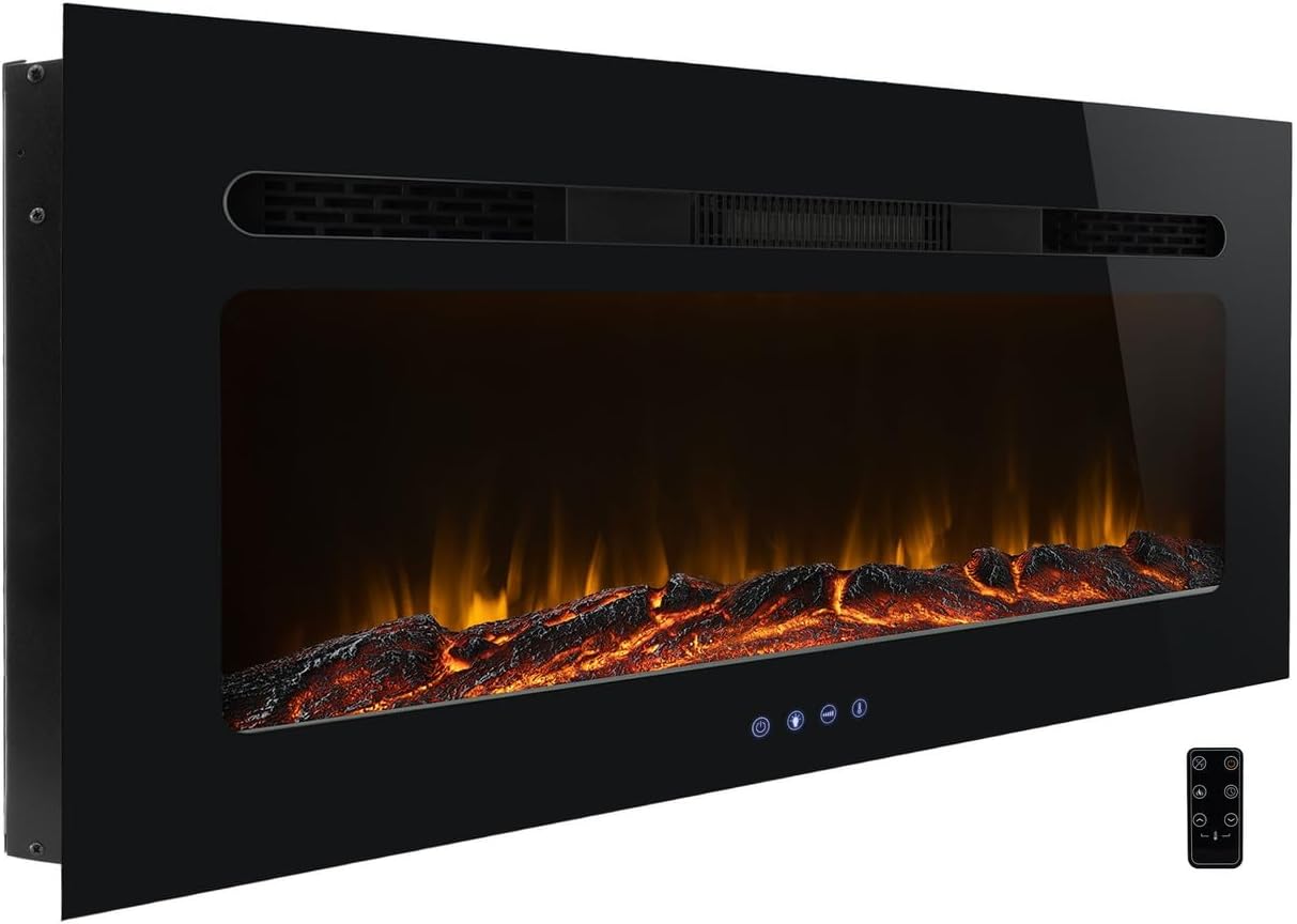 RecPro 40" Black Electric Fireplace Heater with Log Insert | 1500W | Adjustable Flame & Log Lighting | Remote Control Touchscreen