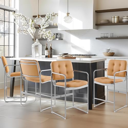 COLAMY Modernes Essstuhl-Set 4er, Knopfgepolsterter PU-Leder-Esszimmerstuhl mit Metallbeinen für Zuhause/Wohnzimmer/Büro/Esszimmer, Braun