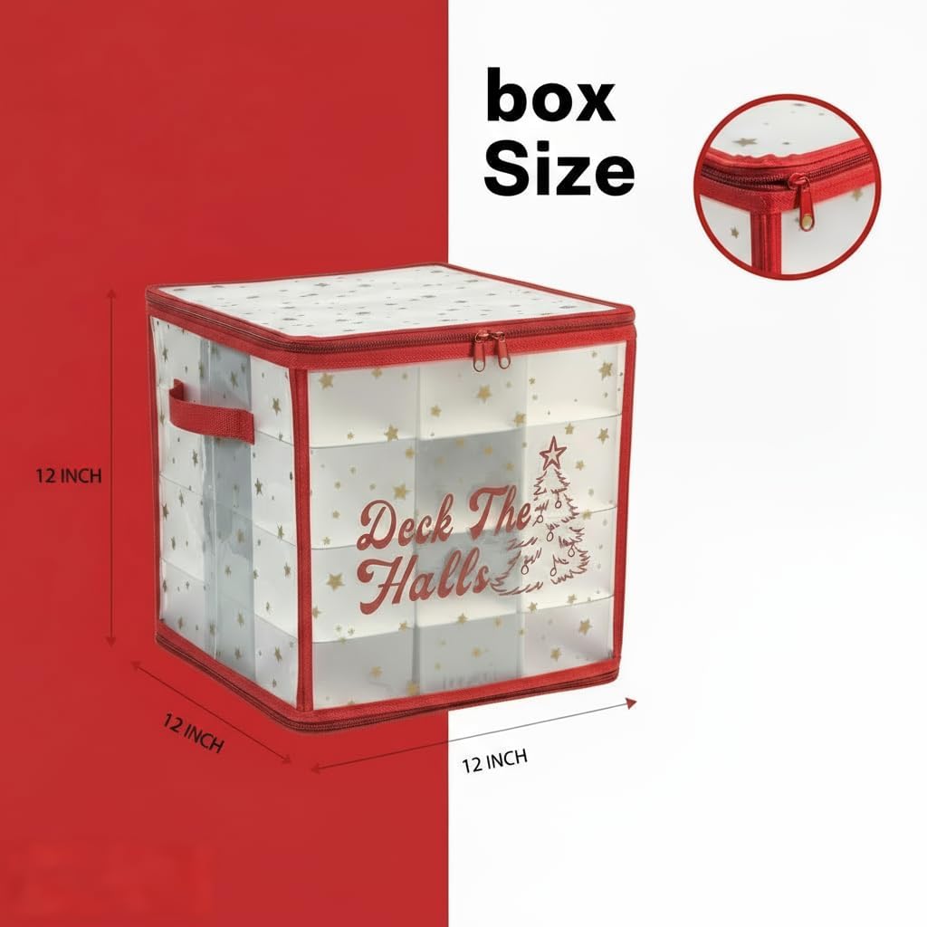 Plastic Christmas Ornament Storage Box with Zippered Closure - Store up to 64 of the 3-inch Standard Christmas Ornaments, Xmas Ornaments Storage with Dividers & Two Handles