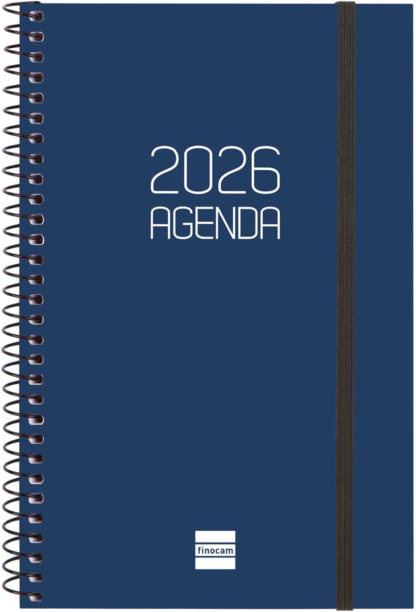 Finocam Spiral Calendar 2026, Week on 2 Pages, Horizontal Display, January - December, Annual Calendar 2026 with Elastic Band, Polypropylene Cover, Spiral Bound, Opaque, Blue, French
