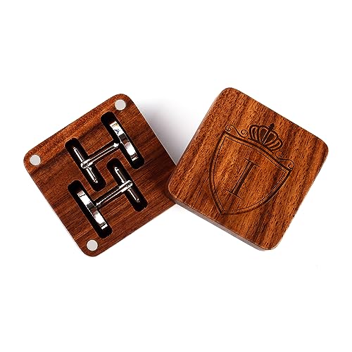 Image of Mens Initial Silver Cufflinks A-Z Alphabet Letter Steel Cuff Links with Engraved Walnut Wood Box Groom Groomsman Wedding Set