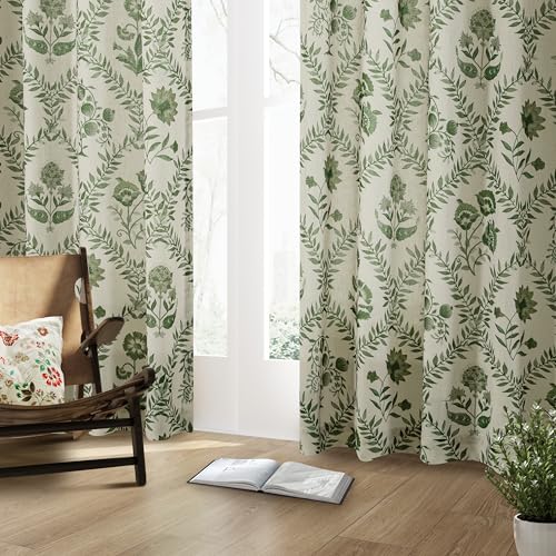Image of Green Floral Linen Curtains 72 Inch Length 2 Panels Set Patterned Curtains
