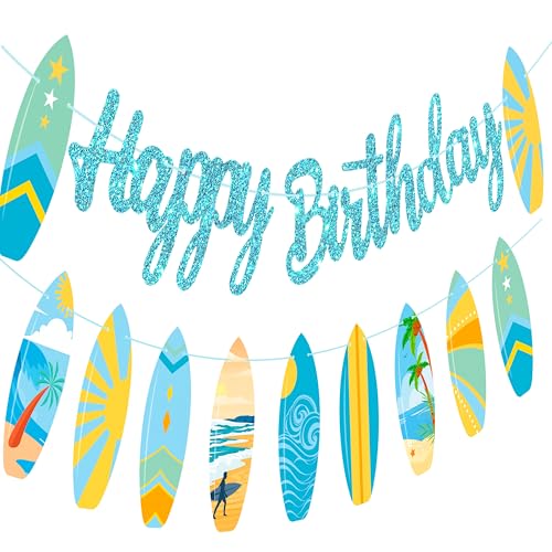 Image of 2pcs Summer Surfboard Happy Birthday Banners Summer Surfing Birthday Party Decorations Blue Glitter Surfing Birthday Banner Bunting Surfboard Banner for Tropical Hawaii Beach Surfing Supplies