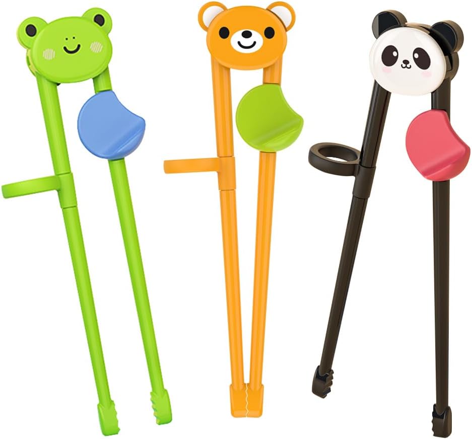 PandaEar 3 Pairs Animal Toddler Training Chopsticks for Kids, Reusable Beginners Learning Chopsticks with Silicone Finger Guide, Frog, Bear & Panda Helpers for Boys and Girls Ages 2-8