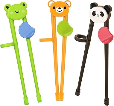 PandaEar 3 Pairs Animal Toddler Training Chopsticks for Kids, Reusable Beginners Learning Chopsticks with Silicone Finger Guide, Frog, Bear & Panda Helpers for Boys and Girls Ages 2-8