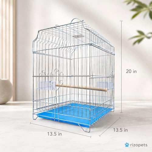 Image of Rizopets Hanging Bird Cage with Chrome Wire, Blue Plastic Tray, Wooden Perch and Feeding Cup, 13.5 x 13.5 x 20 INCHES