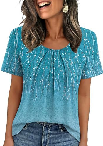 Image of WIHOLL Women T Shirts Pleated Short Sleeve Tops Business Casual Blouses | Loose Fit, Dressy Casual, Trendy 2026, Flowy, Boho