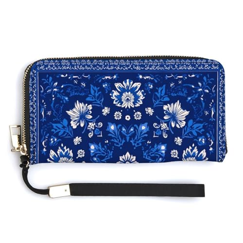 Flat Print Blue Flower PU Leather Clutch Long Bifold Wallet, Coin Purse Credit Pass Case, Durable Card-Holder Money Storage for Women Men