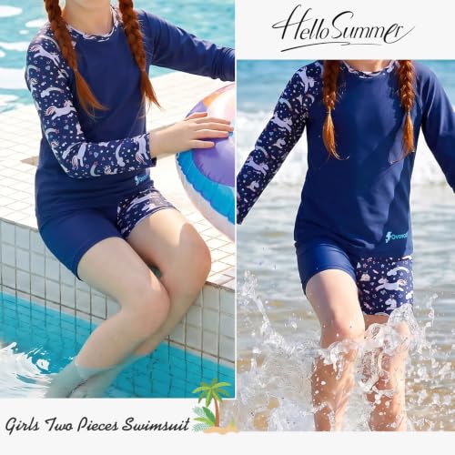 Image of Girls Swimsuit Two Piece Rash Guard Set for 4-14 Years UPF 50+ UV Protective Long Sleeve Swimwear