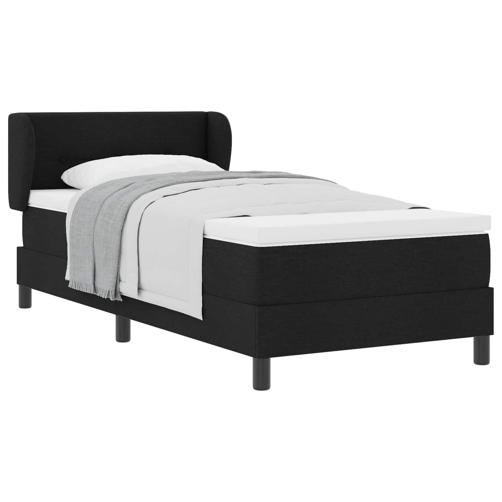 Cama con somier con colchón negro, 90 x 190 cm, tejido de tela, cabecero regulable en altura, colchón de muelles ensacados, superficie de descanso de firmeza media, madera y madera de pino
