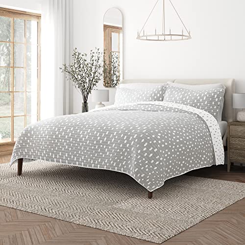 Merit Linens Gray 3-Piece Reversible Full/Queen Quilt Comforter With 2 Shams | Lightweight, All-Season, Patterned Bedspreads | Modern Coverlet Sets - Painted Dots/Light Gray #TOP1