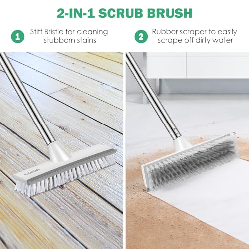 Image of SetSail Floor Scrub Brush and Grout Brush with 51-Inch Long Adjustable Handle 2 in 1 Scrape Brush Stiff Bristle Floor Scrubber for Cleaning Shower Bathroom Garage Kitchen Deck Tub Tile, Grey White