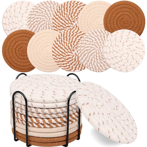 Mckanti 10 Pcs Drink Coasters with Holder 5 Colors Absorbent Coasters for Drinks Minimalist Boho Coasters Cotton Woven Coaster Set for Home Decor Tabletop Protection Suitable for Kinds of Cups