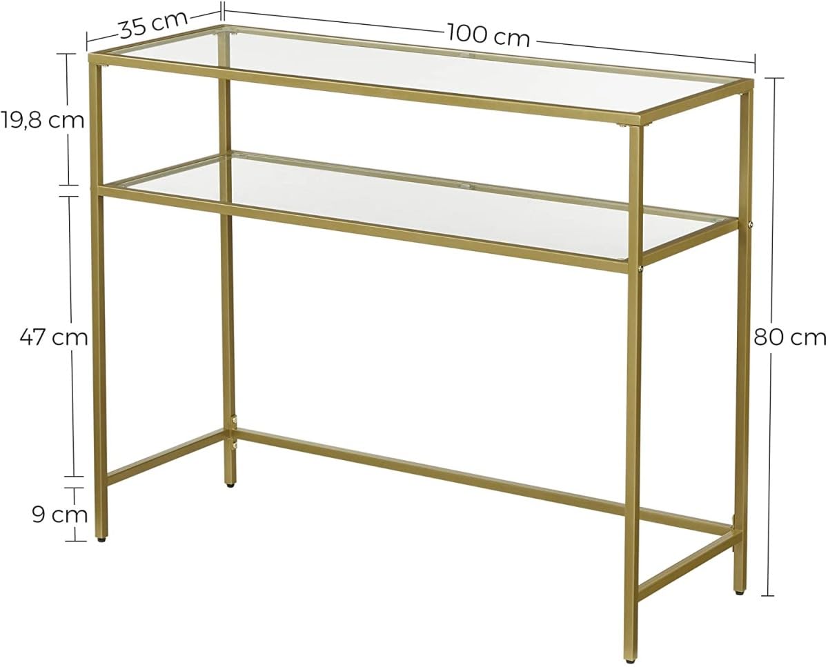 VBChome Table console 100 x 35 x 80 cm, 2 compartiments, doré, cadre en métal, verre trempé, salon, chambre à coucher, table d'appoint, pieds réglables, étagère de rangement 100 x 35 x 80 cm, 2
