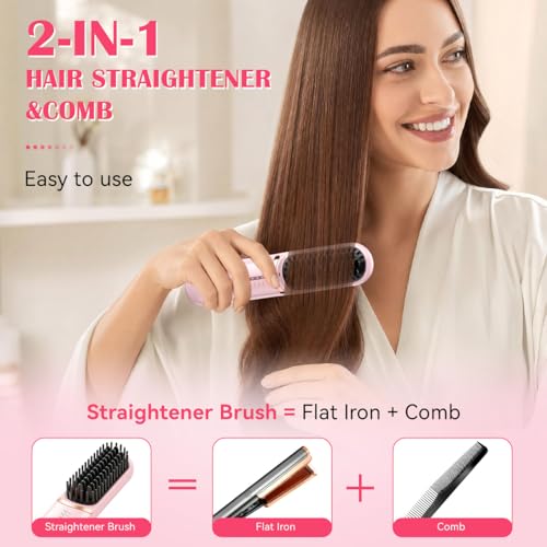 Image of Hatteker Cordless Hair Straightener Brush, Portable Hair Brush for Travel