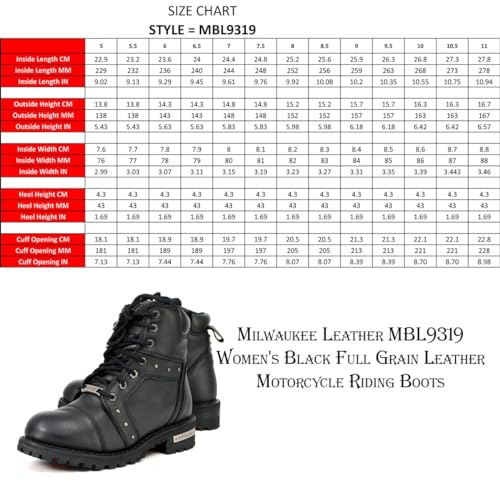 Milwaukee Leather MBL9319 Bota feminina preta de couro premium com cadarço e fecho de zíper lateral,