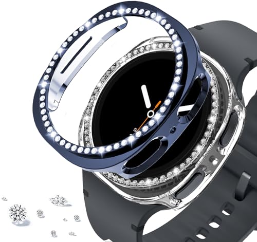 DEALELE [2-Pack] Case Compatible with Samsung Galaxy Watch 8 44mm, Bling Single-Row Diamond PC Protective Case Replacement Watch Cover Bumper for Galaxy 8 Watch 44mm (Blue+Transparent)