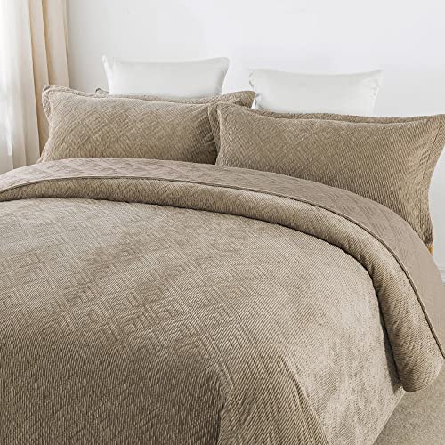 Honeilife Bedspread Quilt Set Queen - 3 Piece Embroidered Corduroy Bedspreads Luxurious Coverlet Lightweight Bedcover Warm Bedding Set All Season Quilts-Taupe, Queen Size #TOP2