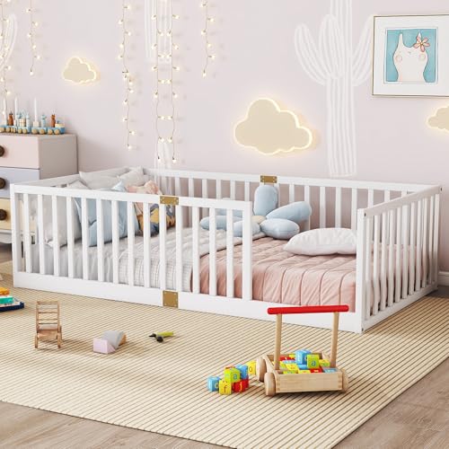Image of Bellemave Twin Size Kids Montessori Floor Bed Frame with Slats,Solid Wood Floor Bed Frame with High Fence for Kids,Girls,Boys,White