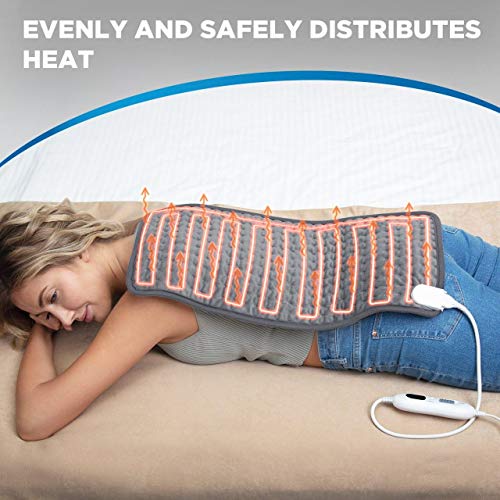Electric Heating Pad for Back Pain - Large, 12x24 Inch, Gray - for Neck, Shoulders, Lower Back - 3 Heat Levels, 4 Timer Settings, Thermostatic Control and Auto Shut Off - 9.5 Feet Cord