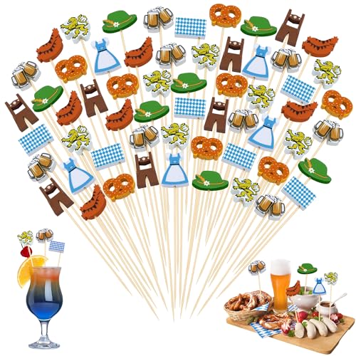 Bild von 200 Stück Oktoberfest Holz-Cocktailspieße, Zahnstocher mit bayerischer Flagge, Lebensmittel-, Vorspeisen-, Obst-, Dessert- und Cocktaildeko-Sticks für Oktoberfest-Partybedarf