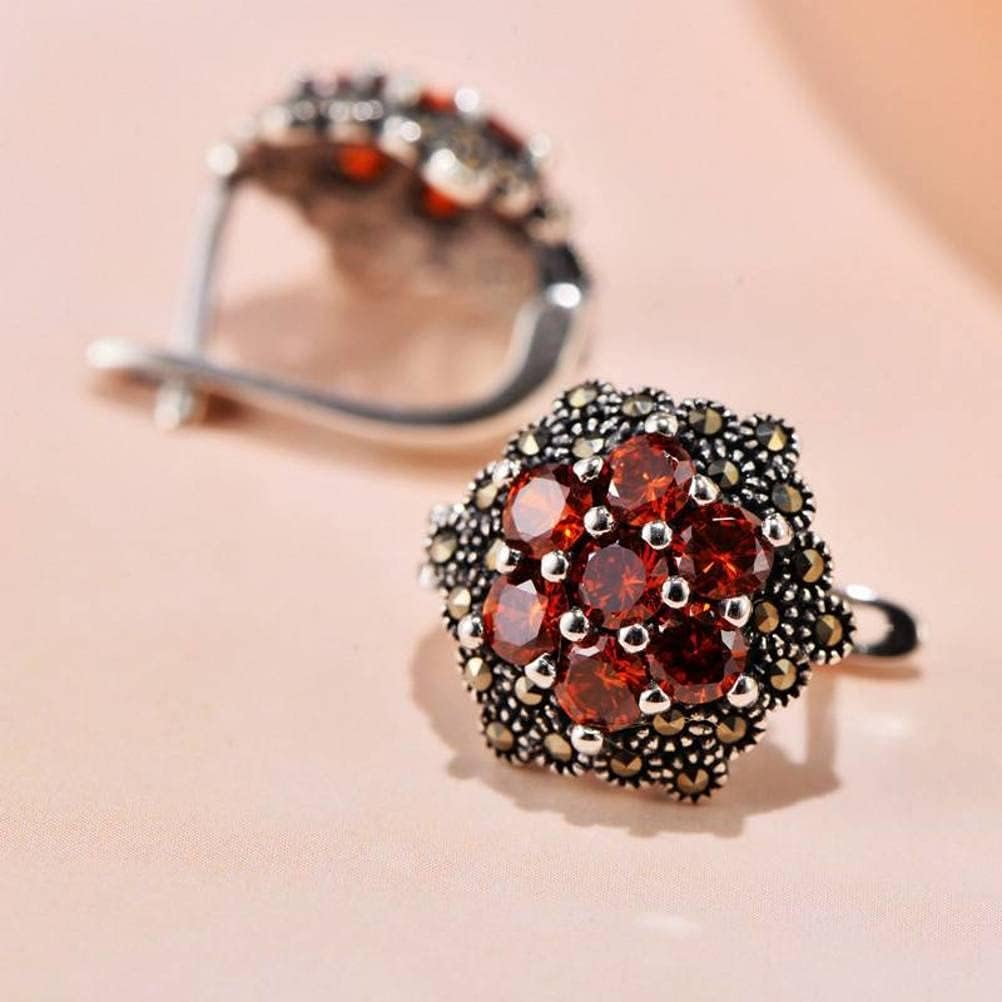 Earfemale 925 Silver Jewelry Thai Silver Inlaid Marcasite Synthetic Red Zircon Retro Ear Stud Earear Buckle/Guava