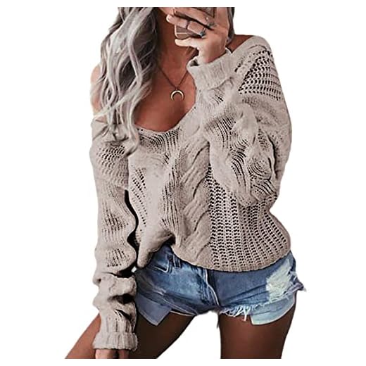 VIZANLY Överdimensionerad sexig djup V-ringad tvinnad stickad tröja dam off-shoulder enfärgad pullover varm topp, Khaki, XL