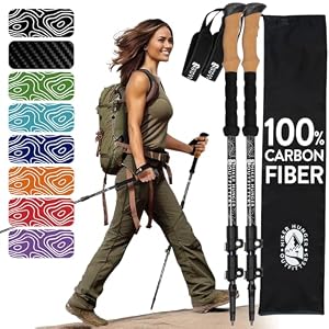 100% Carbon Fiber Trekking Poles by USA Brand – Ultra Strong Lightweight Collapsible Hiking Poles with Cork and EVA Foam Grips & Quick Adjustable Flip Locks