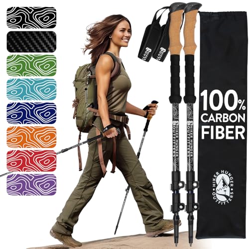 100% Carbon Fiber Trekking Poles by USA Brand - Ultra Strong Lightweight Collapsible Hiking Poles with Cork and EVA Foam Grips & Quick Adjustable Flip Locks by Hiker Hunger Outfitters - Used condition - US$59.47