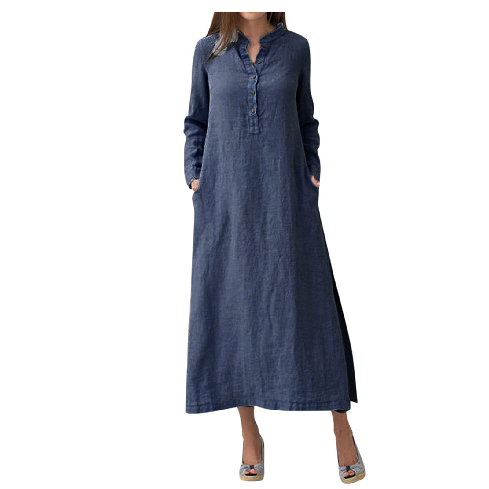 Women's Kaftan Cotton Long Sleeve Plain Casaul Oversized Maxi Long Shirt Dress
