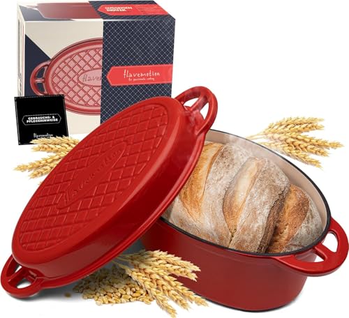 Produktfoto von FLAVEMOTION Gusseisen Topf mit Deckel als Grillpfanne, 30cm, oval, 6,5kg - Gusseisen Topf Brot backen, Schmortopf - ROT&hellip;
