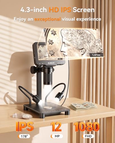 Image of Elikliv Microscope with Weighing Scale, Digital Magnifier for Error Coins, Jewelry Magnifying Glass with Lights, 4.3 inch LCD Screen 12MP Camera 1080P Video USB PC View for Adults Collectors Supplies