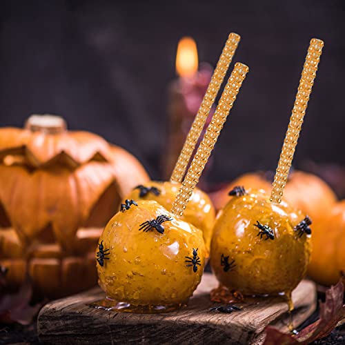24 Pack Bling Candy Apple Sticks and Bags Kits, Caramel Apple Wooden Skewers, Bamboo Decorative Sticks for Rice Krispie Treat Cookie Cake Pop Corn Dogs with Glass Wrapper Glitter Ribbons Tie Christmas
